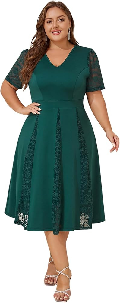 Übergröße Damen Formelles Kleider für Hochzeitsgäste Spitze Kurzärm V-Ausschnitt Party Cock... | Amazon (DE)