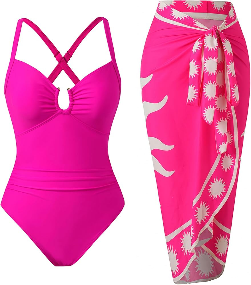 Women’s Tummy Control One Piece Swimsuit Set with Skirt Wrap Cover Up Retro Bathing Suit | Amazon (US)