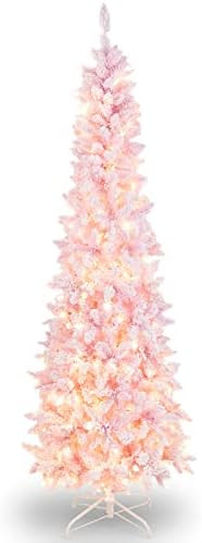 Goplus 7ft Pink Pre-Lit Pencil Christmas Tree, Snow Flocked Artificial Slim Tree with 800 Branch ... | Amazon (US)