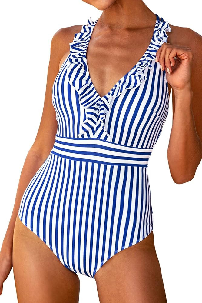 Women's V Neck One Piece Swimsuit Ruffled Back Cross Swimwear | Amazon (US)