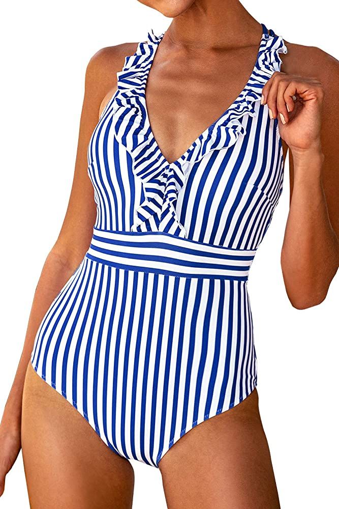 CUPSHE Women's Blue White Stripe Ruffled One Piece Swimsuit X-Small at Amazon Women’s Clothing ... | Amazon (US)