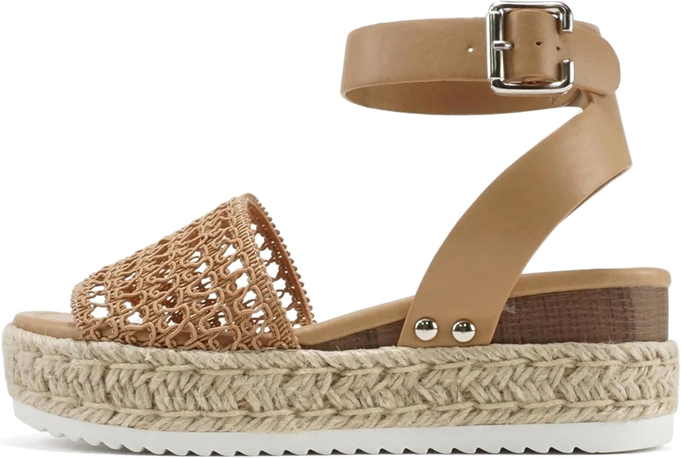 Soda Topic Open Toe Buckle Ankle Strap Espadrilles Flatform Wedge Casual Sandal | Amazon (US)