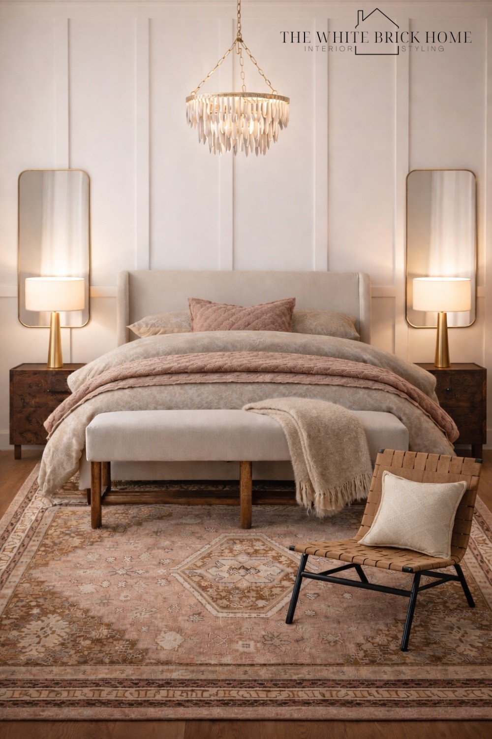 A soft, modern traditional bedroom layered with warm neutrals, gentle blush accents, and subtle lighting that creates a calm, elevated retreat.

Bed, bedroom, bedroom decor, bedroom ideas, bedroom lighting, bedroom lamp, bedside lamp, area rug, accent chair, bedding, wall mirror, bedroom furniture ideas, primary bedroom, upholstered bed, chandelier, blush bedroom, pottery barn, crate and barrel, pottery barn bedroom design 

#LTKSaleAlert #LTKHome #LTKSeasonal