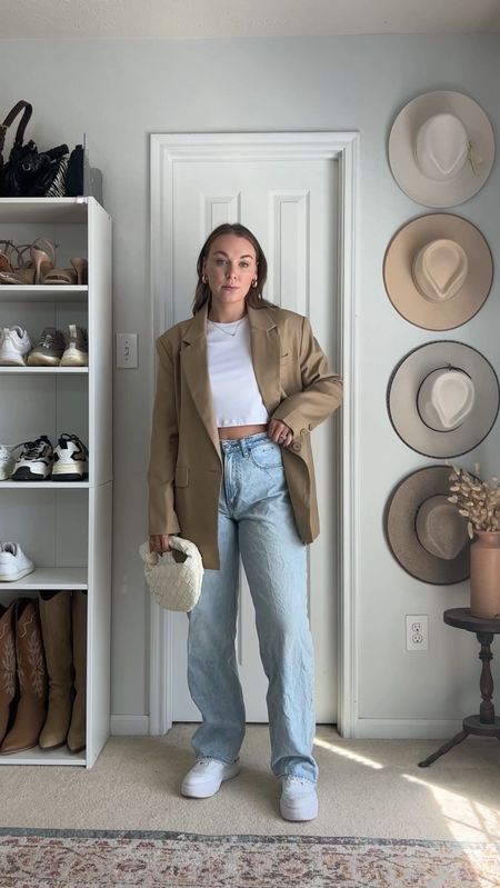 Jeans 28L curve love 
Tee size M 
Blazer size M 


Hailey Bieber style, Hailey Bieber outfit, spring outfit inspo, street style, Pinterest aesthetic, Pinterest girl, Pinterest outfit, nyc street style, casual chic style, spring style, style reels, fashion reels, amazon fashion finds, spring aesthetic, spring trends. 

#LTKstyletip #LTKunder50 #LTKunder100