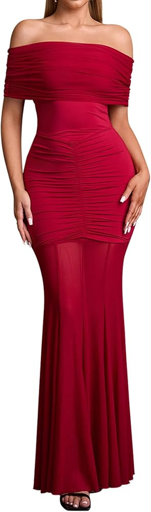 HTZMO Women Sexy Off Shoulder Bodycon Maxi Dress Strapless Ruched Wedding Guest Formal Party Long... | Amazon (US)