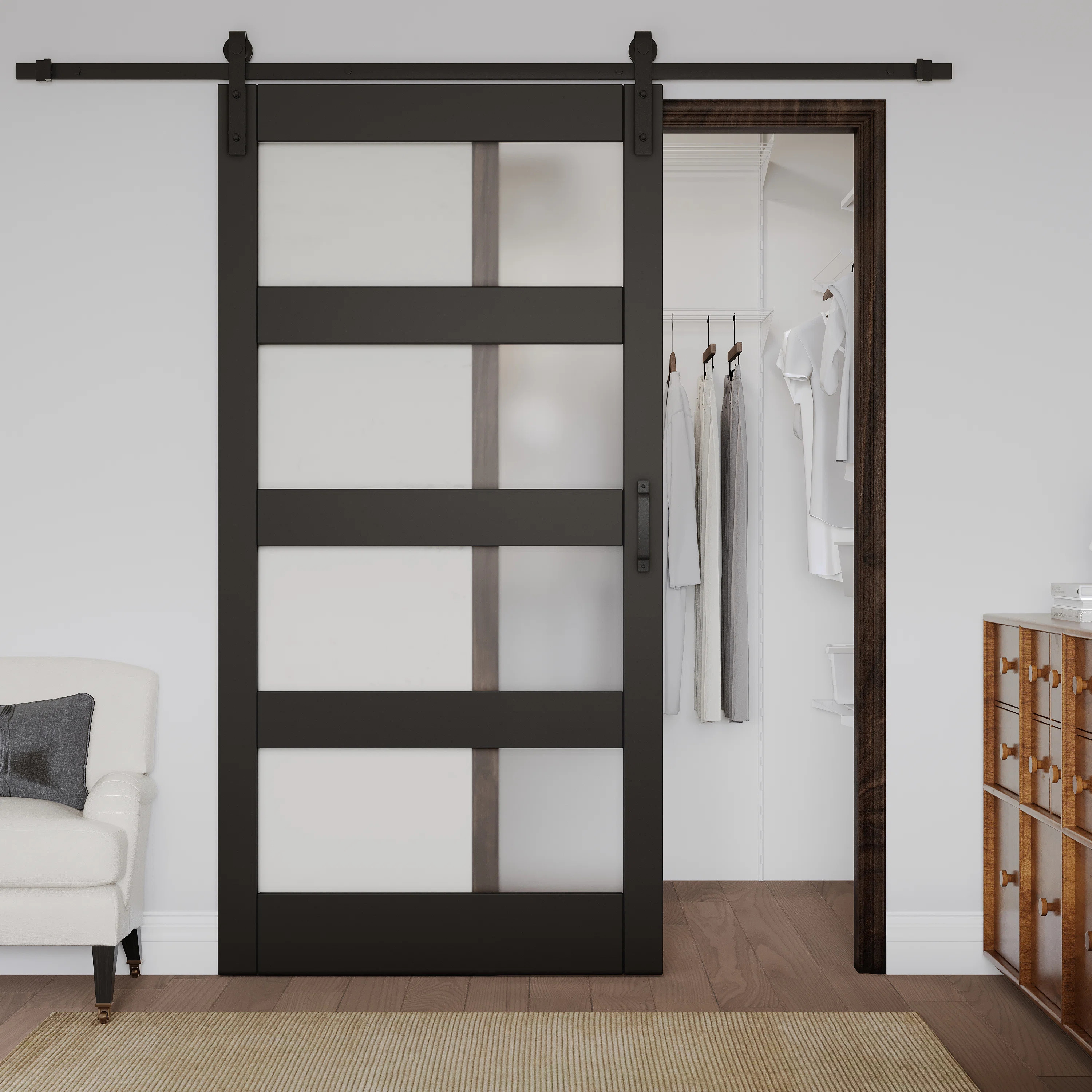 Glass and Manufactured Wood Black Sliding Barn Door with Installation Hardware Kit | Wayfair North America