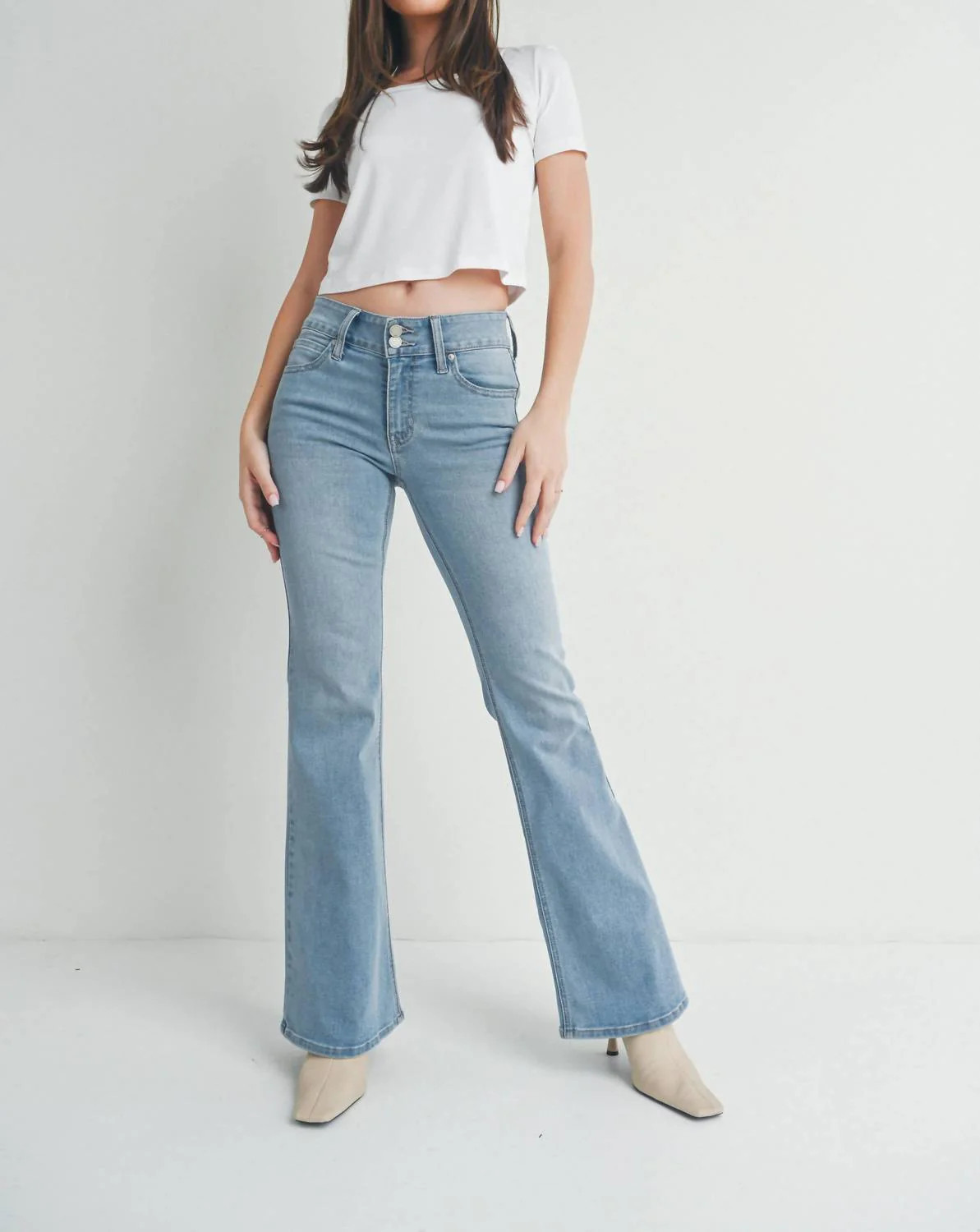 Double Button Flare Jeans In Light Denim | Shop Simon