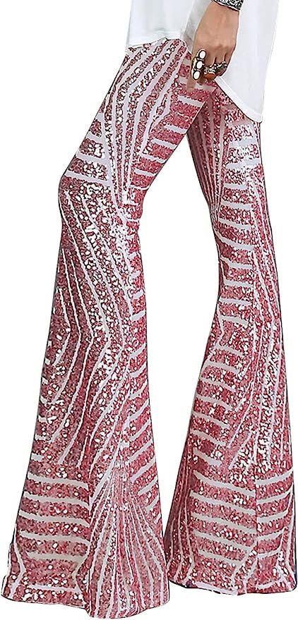 BLENCOT Sequin Pants for Women High Waist Bell Bottoms Glitter Wide Leg Palazzo Pants Night Club ... | Amazon (US)