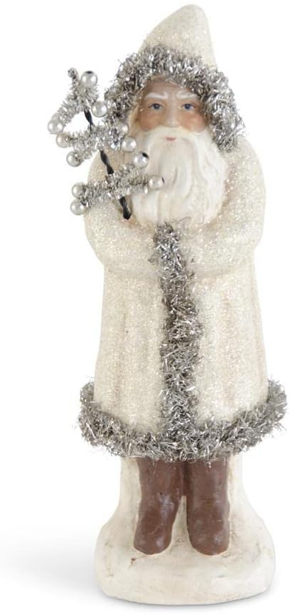 K&K Interiors Cream Glittered Santa Trimmed in Silver Tinsel Figurine, 12-inch Height, Christmas ... | Amazon (US)