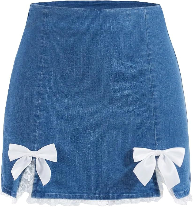Floerns Women's Casual Bow Front Lace Raw Hem Straight Shirt Denim Jean Skirt | Amazon (US)