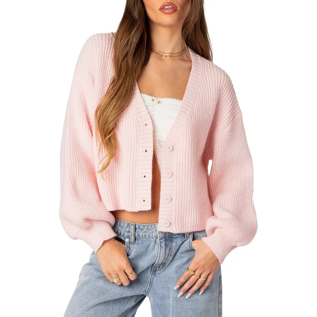 EDIKTED Sabrina Bishop Sleeve Crop Cardigan in Light-Pink at Nordstrom, Size Large | Nordstrom