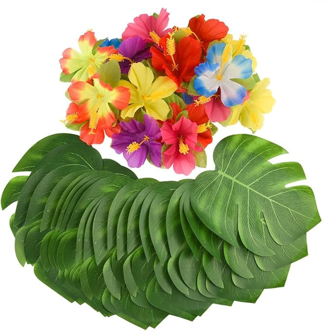 KUUQA 60 Pcs Tropical Party Decoration Supplies 8" Palmtera Hibiscus Leaves and Flowers, Simulati... | Amazon (US)