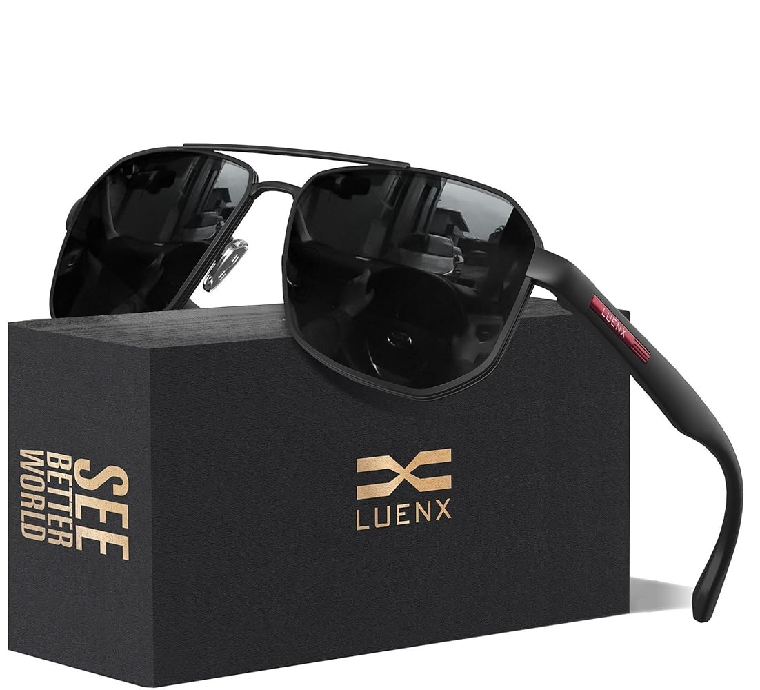 LUENX Aviator Sunglasses for Men Square Polarized Polygon Lens - UV 400 Protection with Accessori... | Amazon (US)