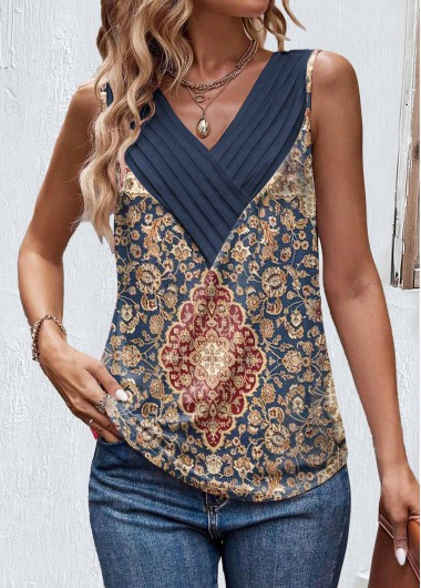 MODLILY® Blue Patchwork Tribal Print Sleeveless V Neck Tank Top | modlily.com