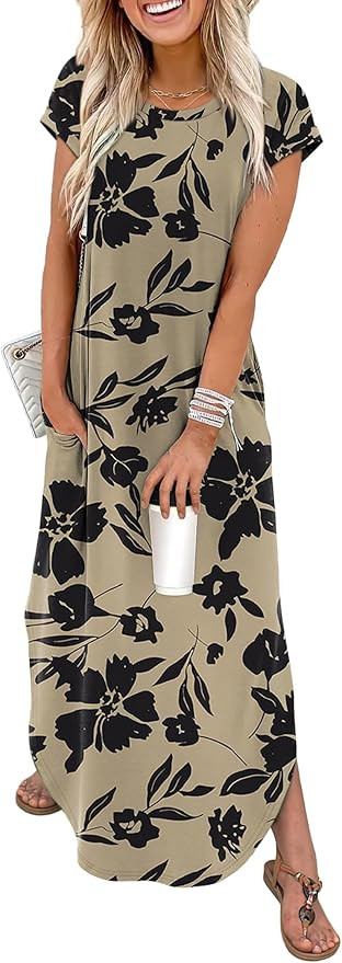 WIHOLL Summer Dresses Cap Sleeve Crewneck Maxi Long Casual Dress with Pockets Beach Vacation Sund... | Amazon (US)