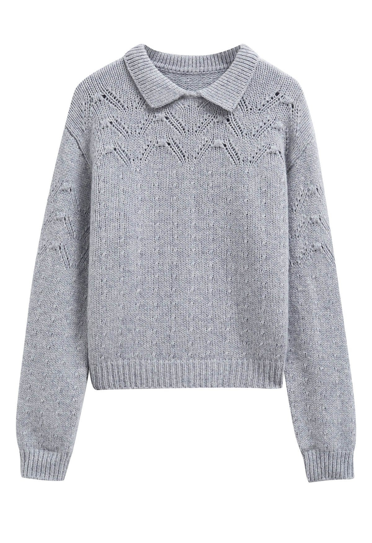 Flap Collar Hollow Out Knit Sweater in Grey | Chicwish