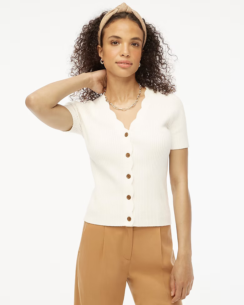 Short-sleeve cardigan sweater with scallop trim | J.Crew Factory