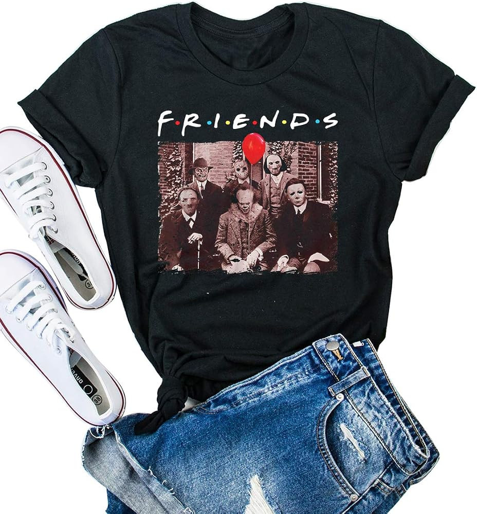 Horror Friends Halloween Shirts for Men Funny Scary Graphic Short Sleeve Fall Tee Blouse | Amazon (US)