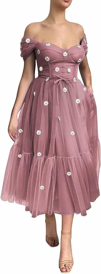 Off The Shoulder Tulle Prom Dress Tea Length Ball Gown Sweetheart Formal Evening Gowns with Pocke... | Amazon (US)