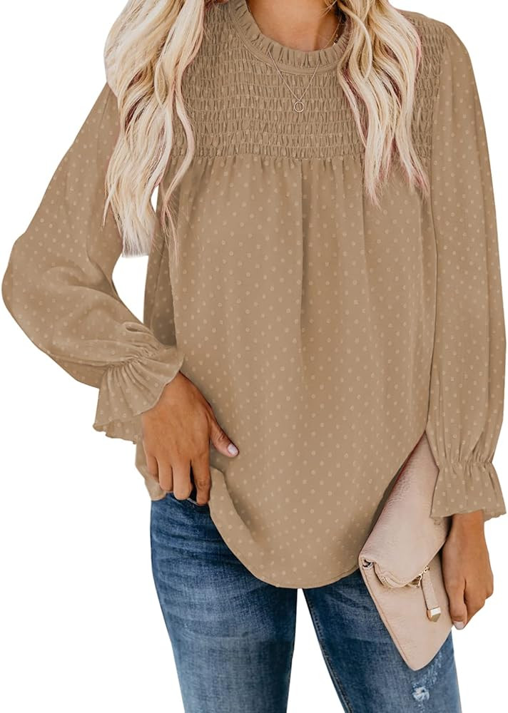 Dokotoo Womens Crewneck Lace Crochet Pom Pom Flowy Long Sleeve Casual T Shirts Blouses Tops | Amazon (US)