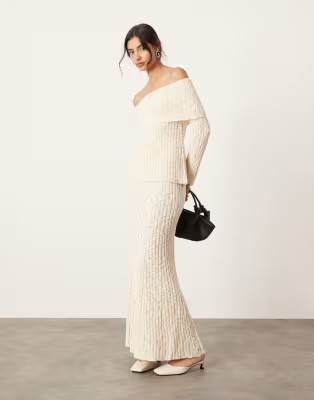 ASOS EDITION knitted bardot layered long sleeve top and maxi skirt set in cream | ASOS (Global)