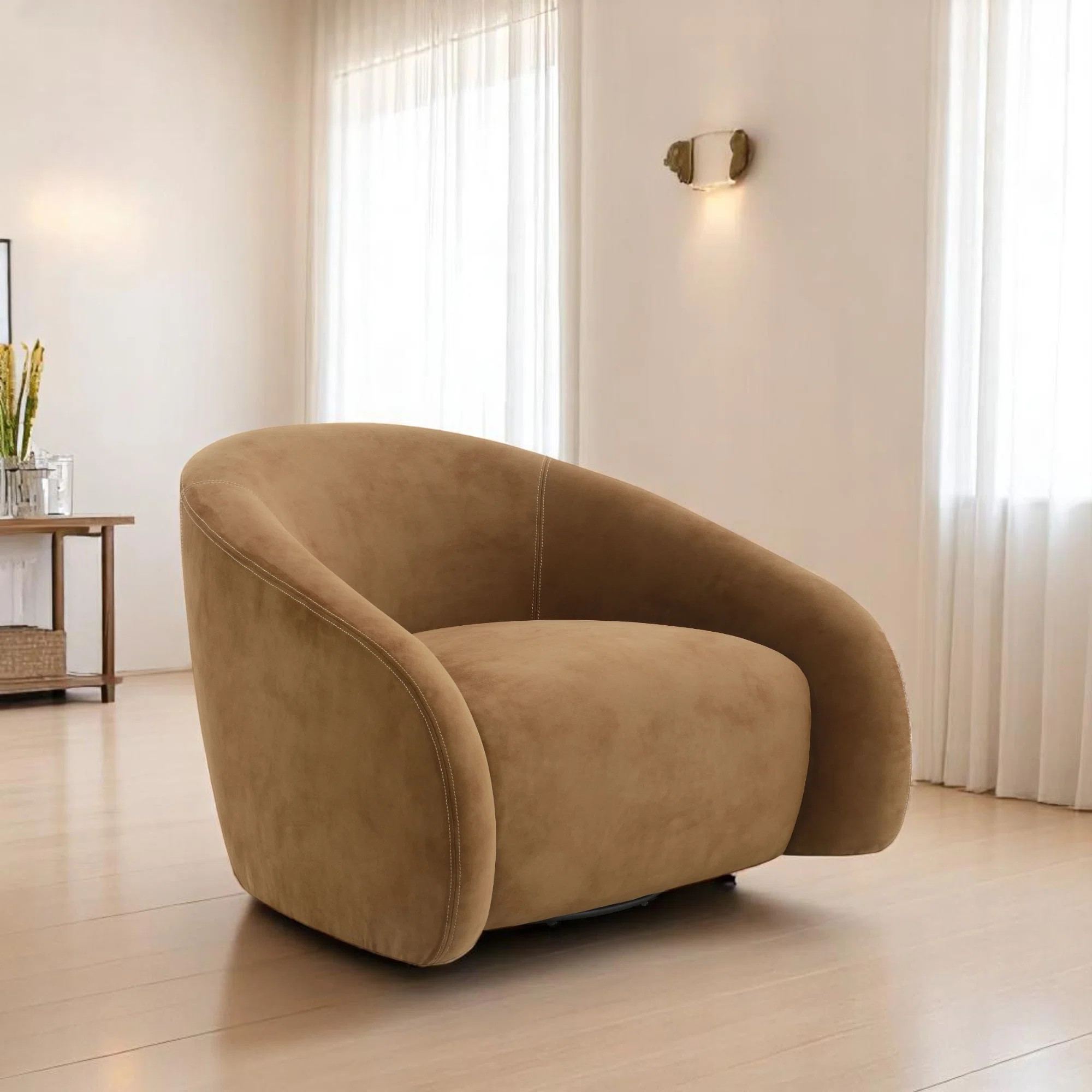 Zoey 38"W Suede Upholstery 360 Degree Swivel Chair, Wood Frame, Vintage Color, Living Room | Wayfair North America