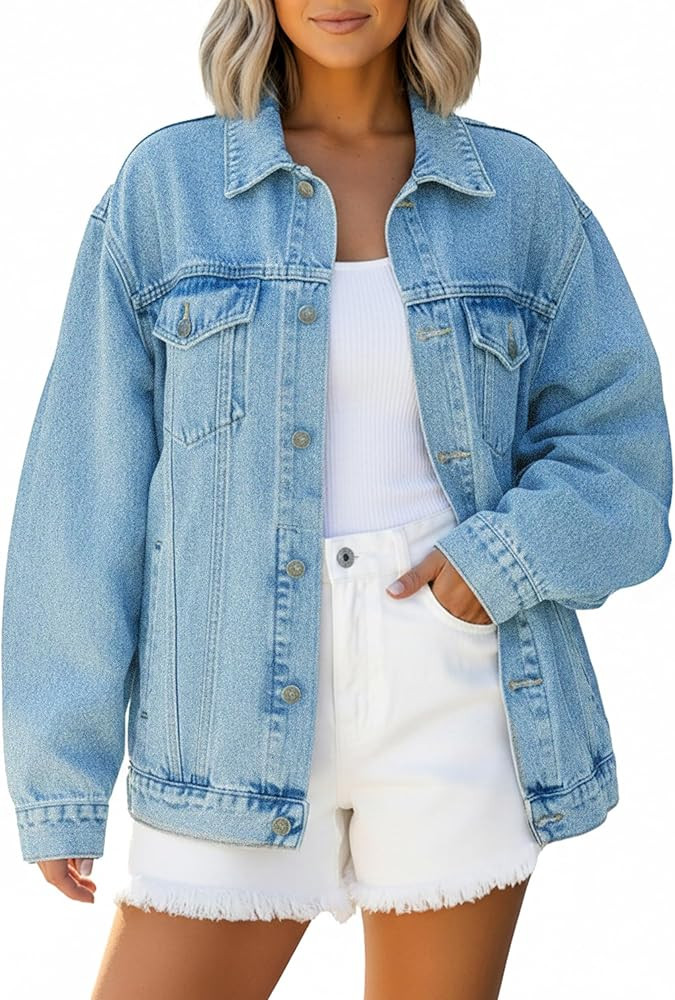 JMOJO Oversized Denim Jacket Women - Trendy Drop Shoulder Jean Jacket - Loose Fit Boyfriend Style... | Amazon (US)