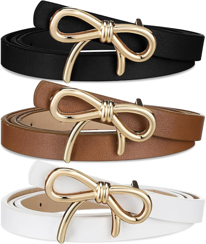3 Pcs Bow Skinny Belt Womens Leather Belt Fashion Bow Dress Belt Thin PU Leather Waist Belt for W... | Amazon (US)