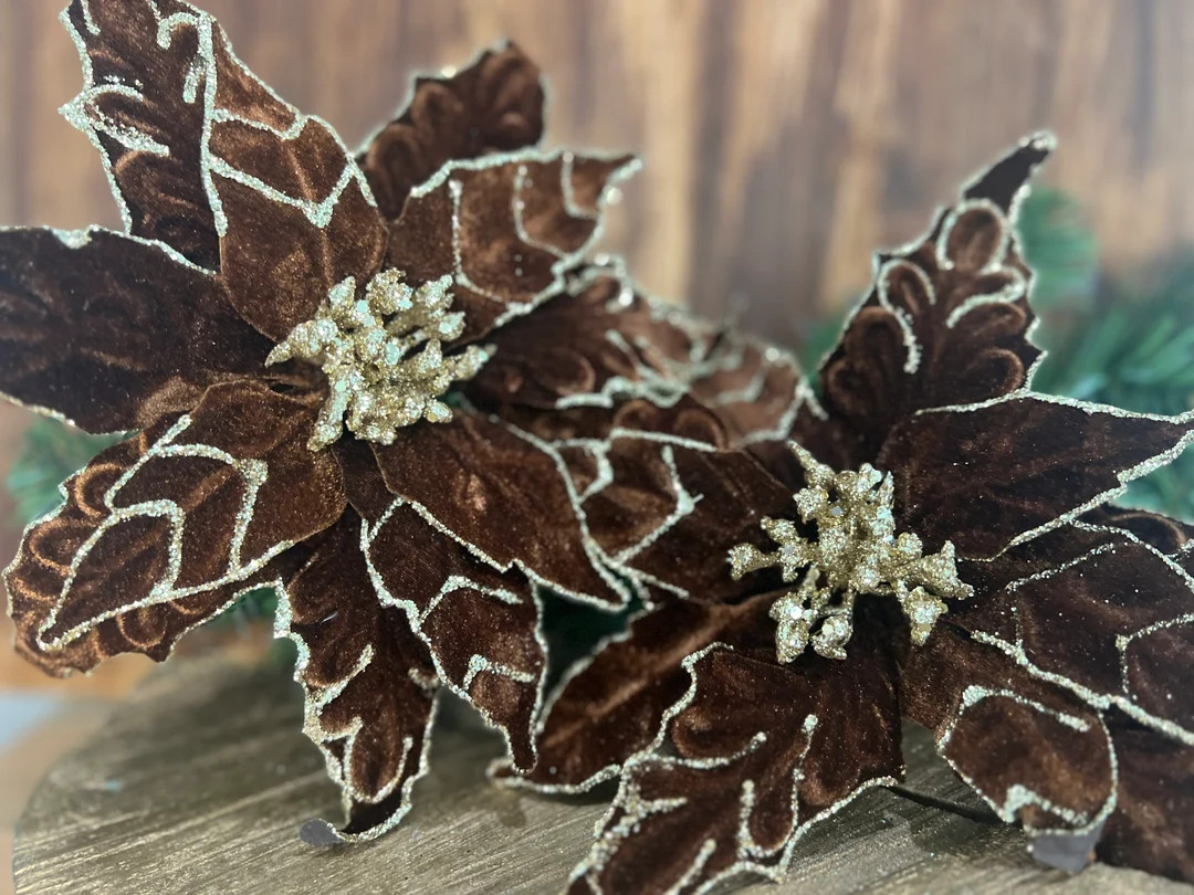 Brown or Taupe With Gold Trim Trim Velvet Poinsettia Pick Stem Christmas Tree Trimming Home Decor... | Etsy (US)