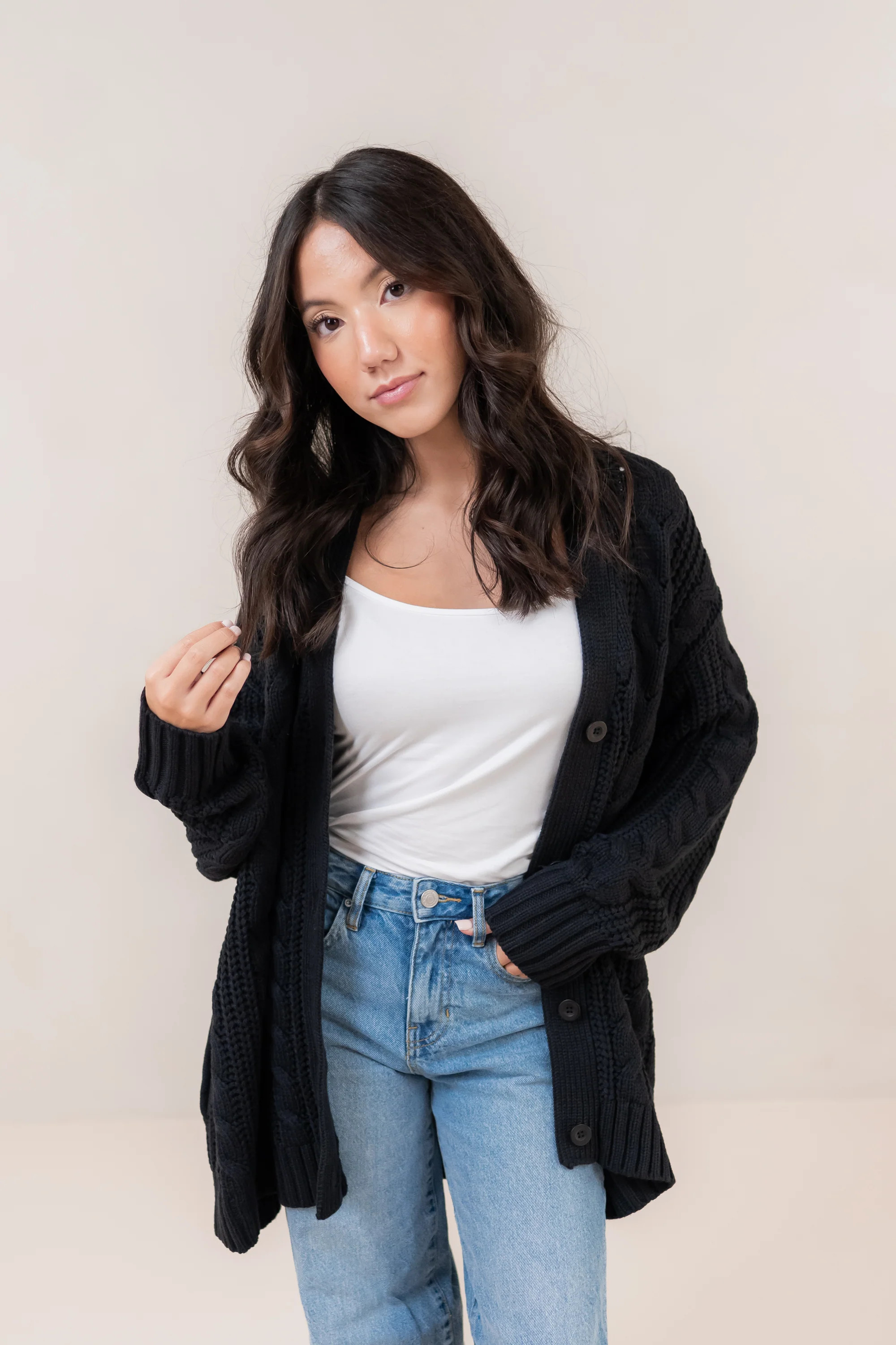 Cable Knit Cardigan in Midnight | Kyte Living