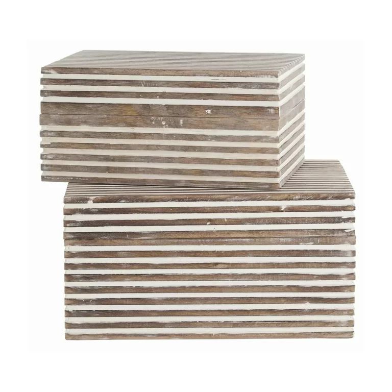 Wooden Decorative Storage Box with Block Stripe Pattern, Set of 2, Whitewash- Saltoro Sherpi | Walmart (US)