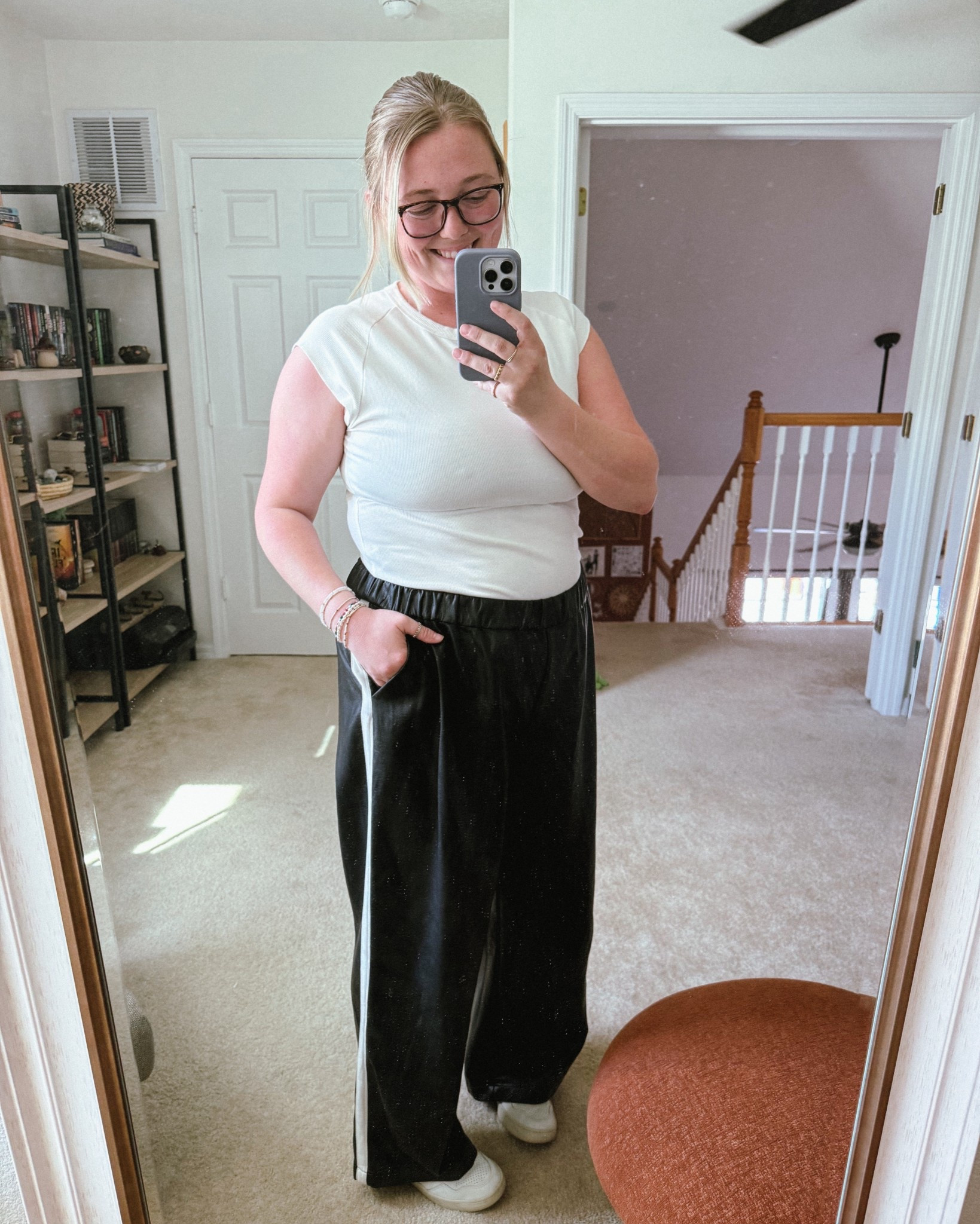 Casual ootd for working from home! 

Vegan-Leather Pull-On Track Pants
Maeve (xxl)
Amazon basic tee (xl)
Veja 90 sneakers (8)