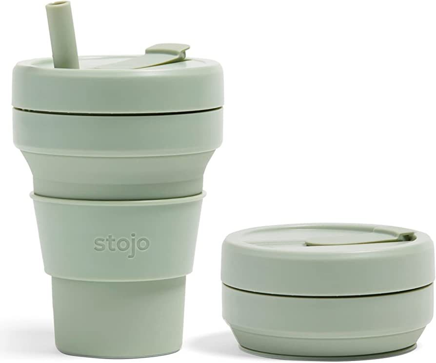 STOJO Collapsible Travel Cup With Straw - Sage Green, 16oz / 470ml - Reusable To-Go Pocket Size S... | Amazon (US)