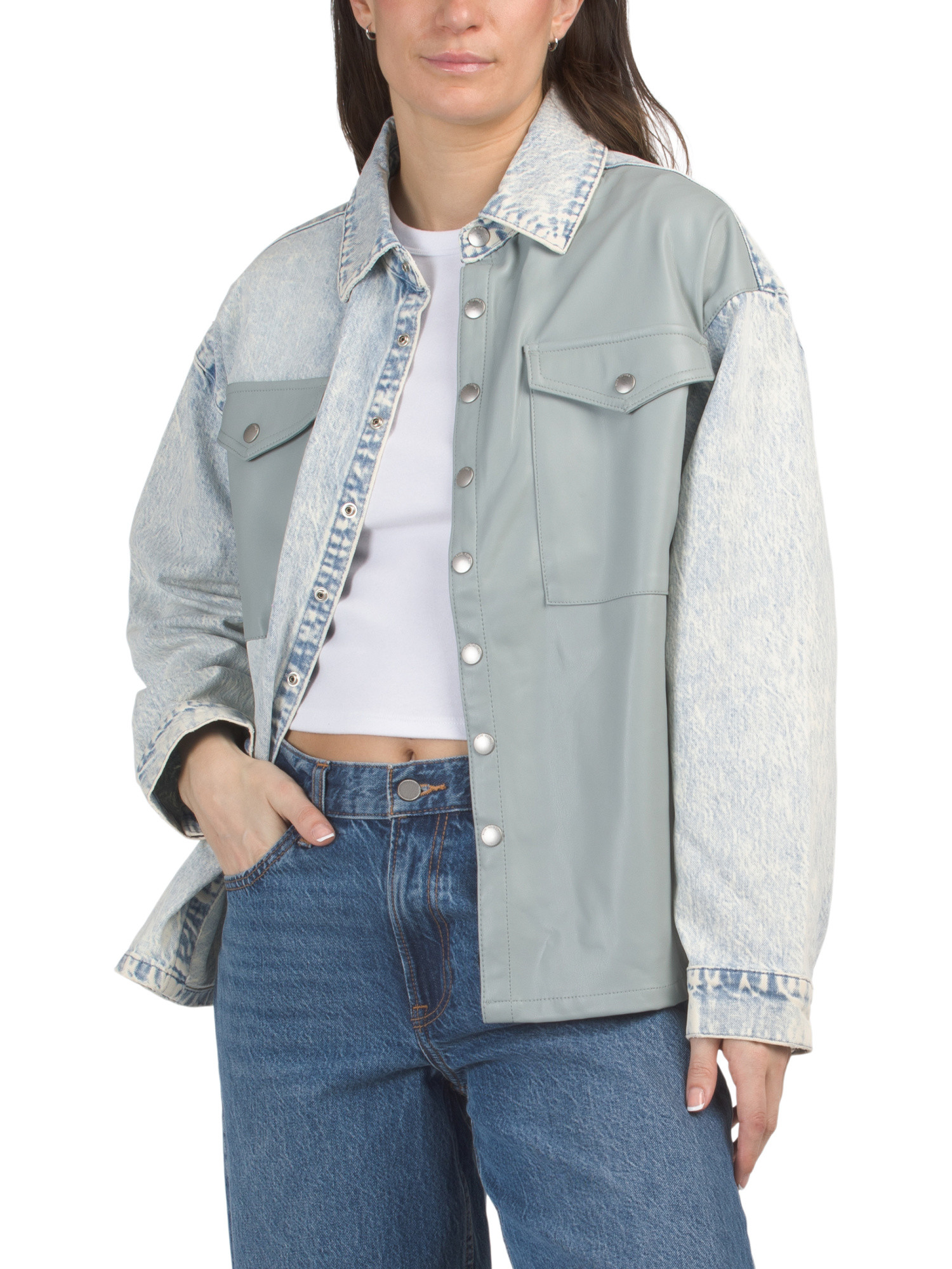 Denim Mix Media Faux Leather Shacket | Blazers | Marshalls | Marshalls