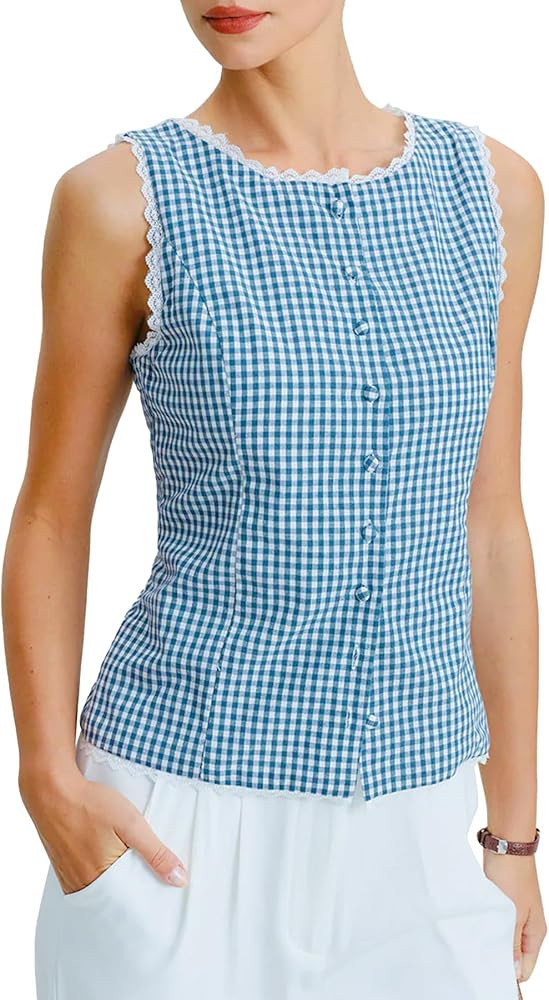 Ainangua Women Plaid Button Tank Top Summer Y2K Lace Trim Sleeveless Checkered Vest Casual Elegan... | Amazon (US)