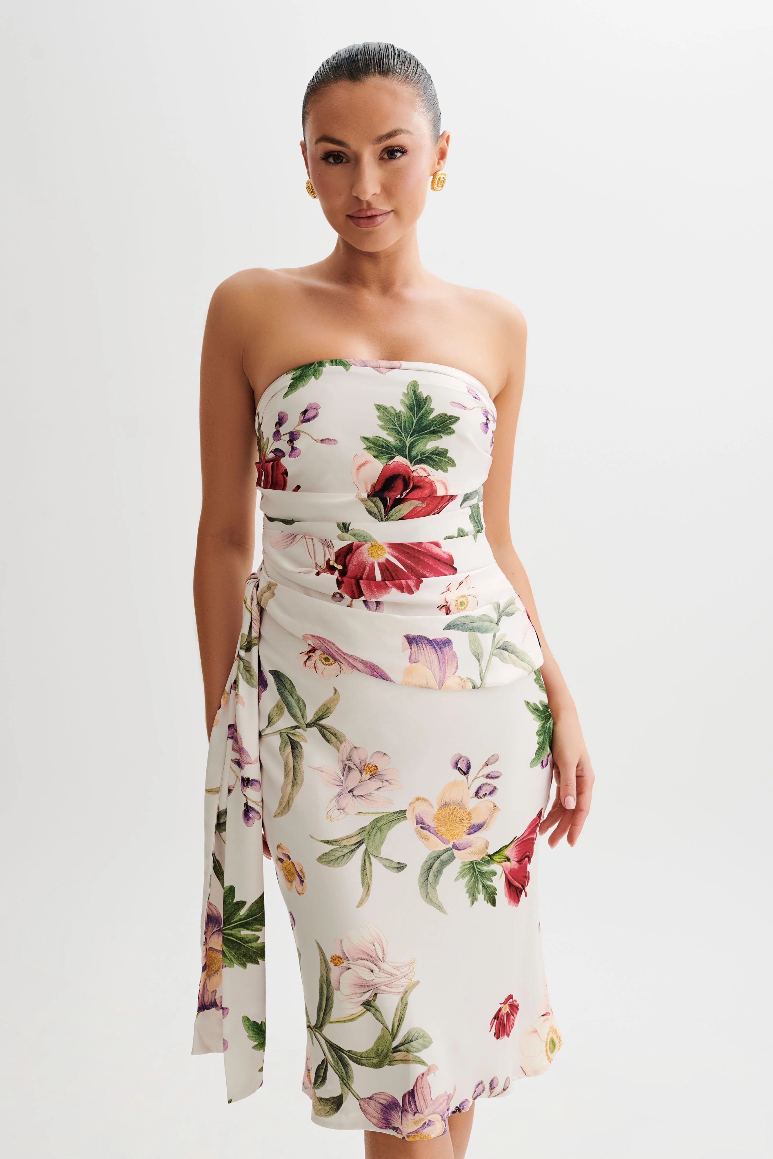 Allegra Satin Ruched Strapless Top - Bella Rosa Print | MESHKI US