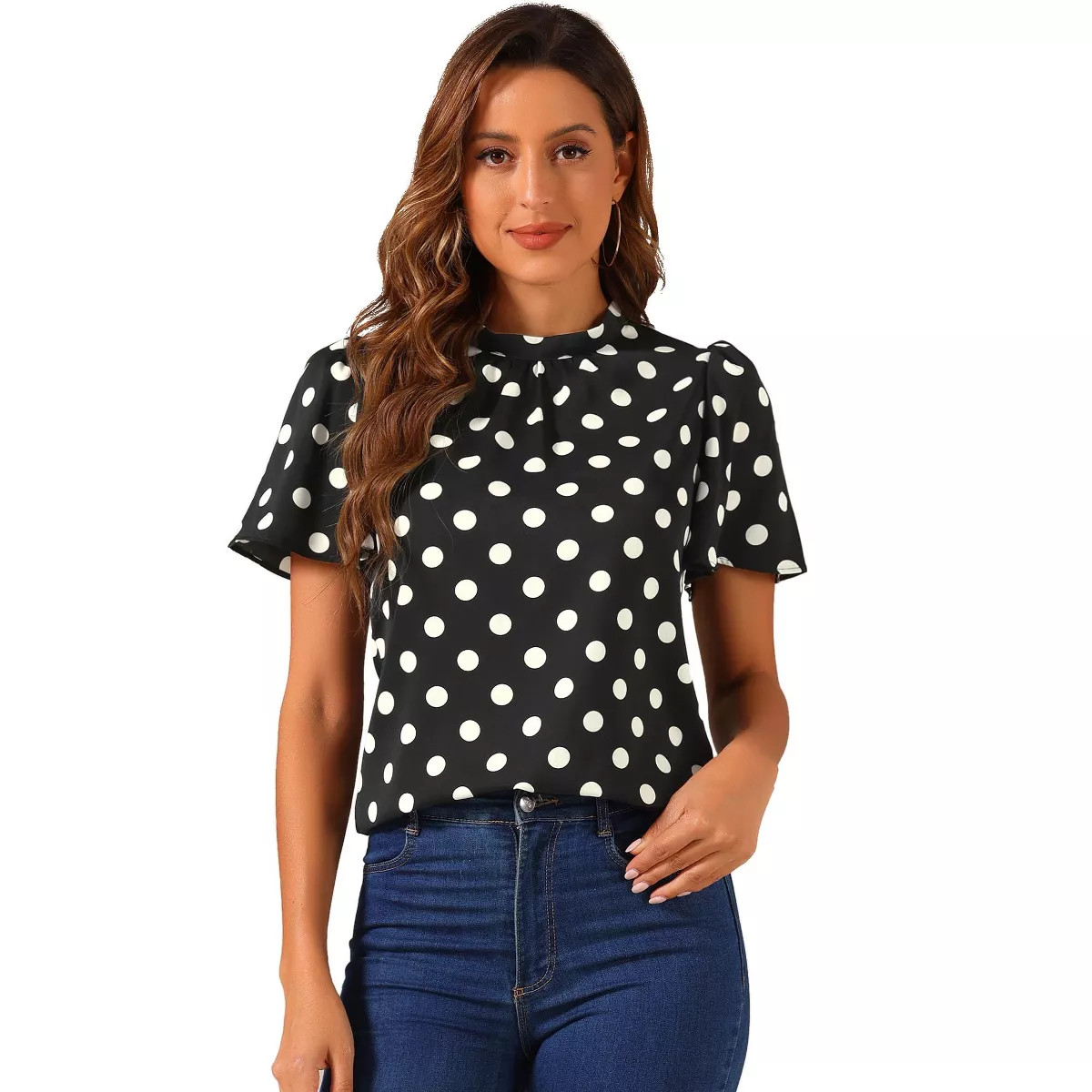 INSPIRE CHIC Women's Polka Dots Stand Collar Pleat Keyhole Back Short Flare Sleeve Tops | Target