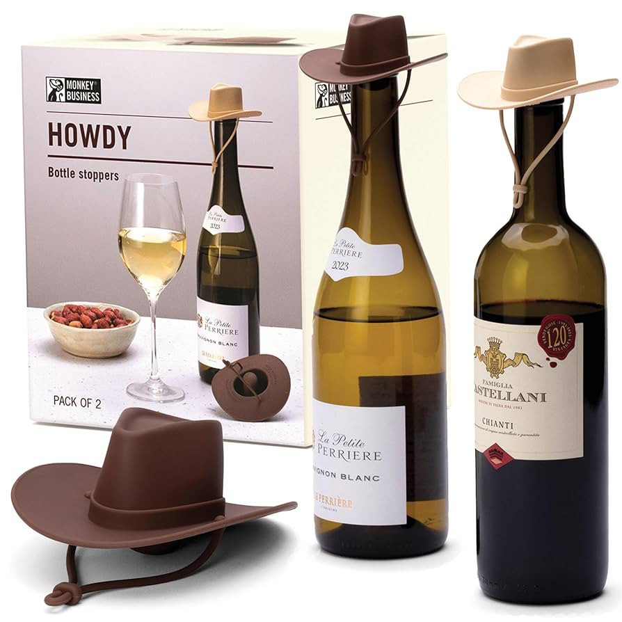 Monkey Business Howdy - 2-Pack Cowboy Hat Wine Stoppers – Fun Silicone Bottle Stoppers Keep Win... | Amazon (US)