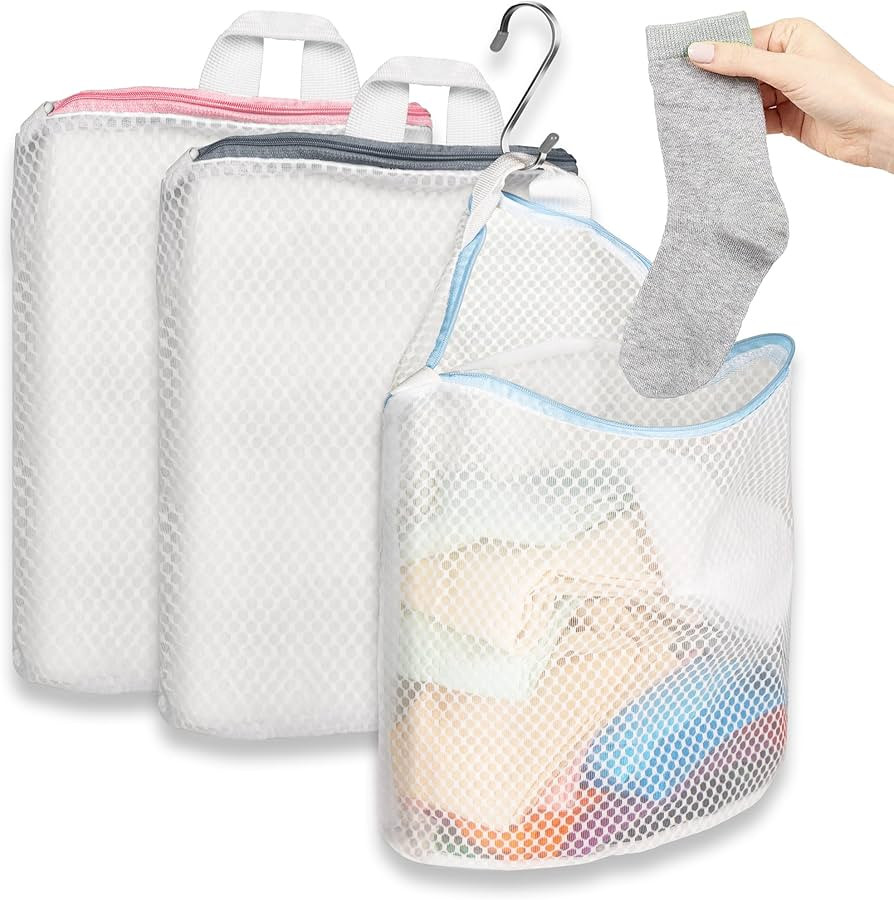 3Pcs Hanging Laundry Bags for Socks with S Hooks, 12 X 10 inch 3 Color Mesh Laundry Bags for Wash... | Amazon (US)