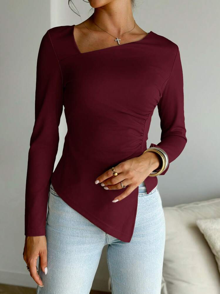 Firerie 1pc Women's Elegant Solid Color Long Sleeve Asymmetrical Neck Fitted T-Shirt Top With Gathered Waist And Bottom Hem, Casual And Suitable For Dates/Going Out, Autumn/Winter | SHEIN