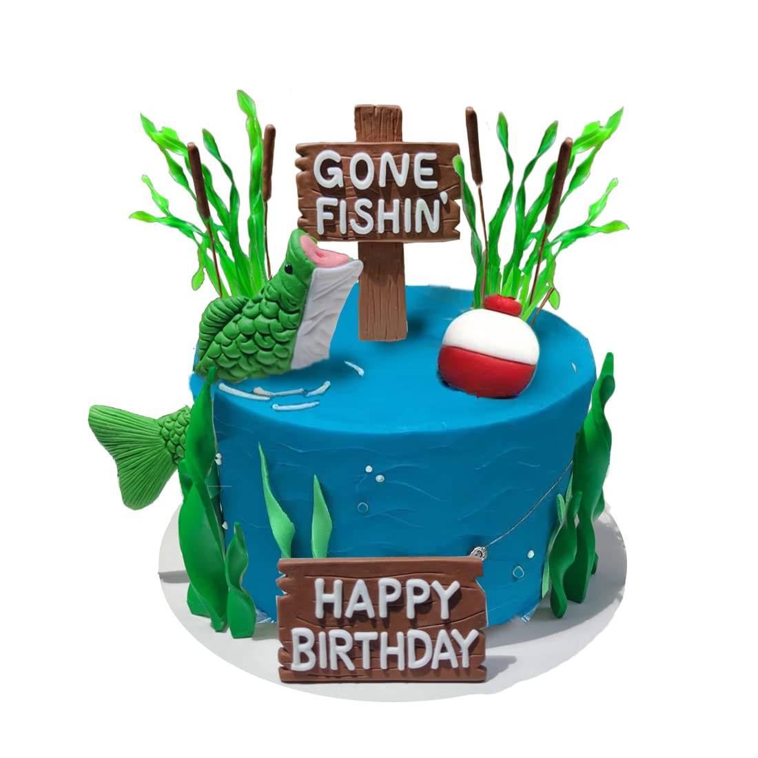 Fishing Cake Topper Gone fishing Cake with Bass Reed Happy Birthday Sign | Amazon (US)