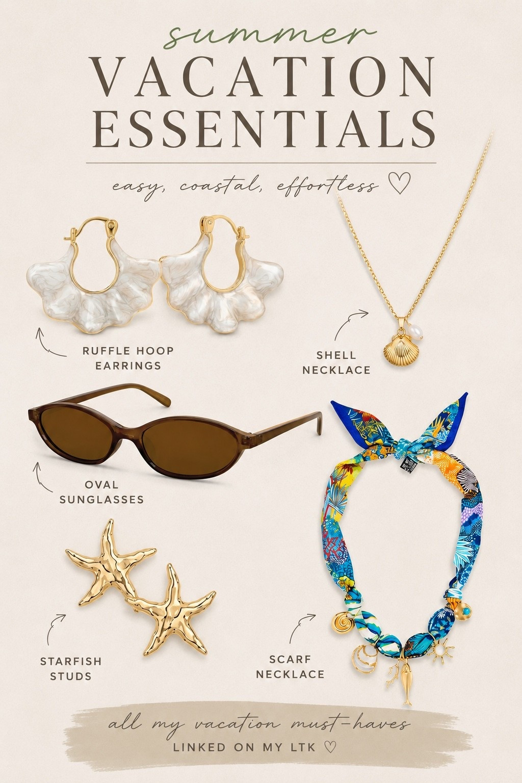 🌊 Summer vacation accessories I’m packing this year ✨

The easiest way to elevate any beach, resort, or vacation outfit? The right accessories. I’m loving these coastal-inspired pieces—from shell jewelry and statement earrings to chic sunglasses and colorful scarves.

#VacationStyle #BeachAccessories #SummerAccessories #CoastalStyle #ResortWear #VacationOutfits #LTKStyle #BeachVacation #SummerFashion #VacationEssentials #TravelStyle #CoastalChic

#LTKdayinmylife #LTKgrwm #LTKSeasonal