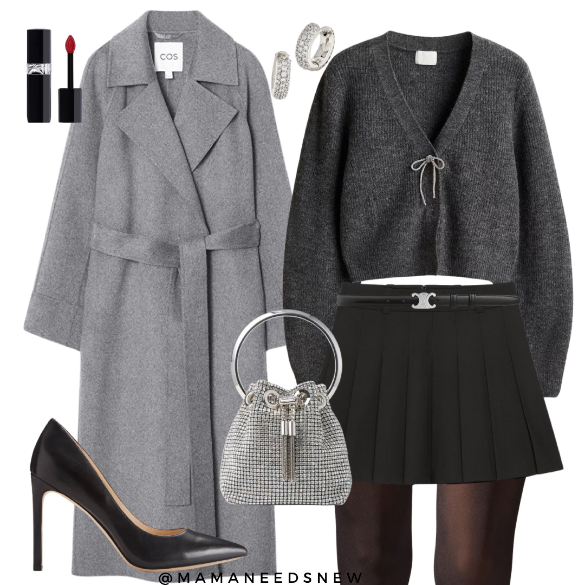A holiday outfit with a wool coat, bow front cardigan, mini skirt, heels & a festive sparkly bag 🩶

#LTKHoliday #LTKParties #LTKSeasonal
