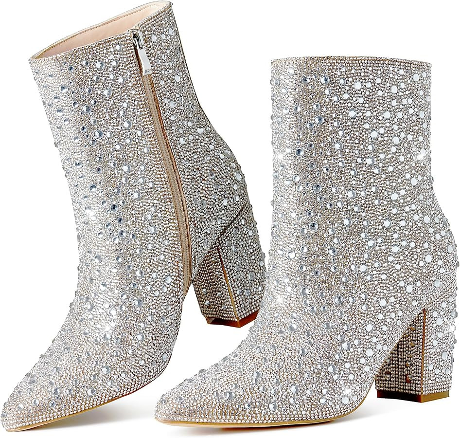 Erocalli Rhinestone Boots for Women Ankle Boots Sparkly Glitter Chunky Heel Hot Dressy Party Prom... | Amazon (US)