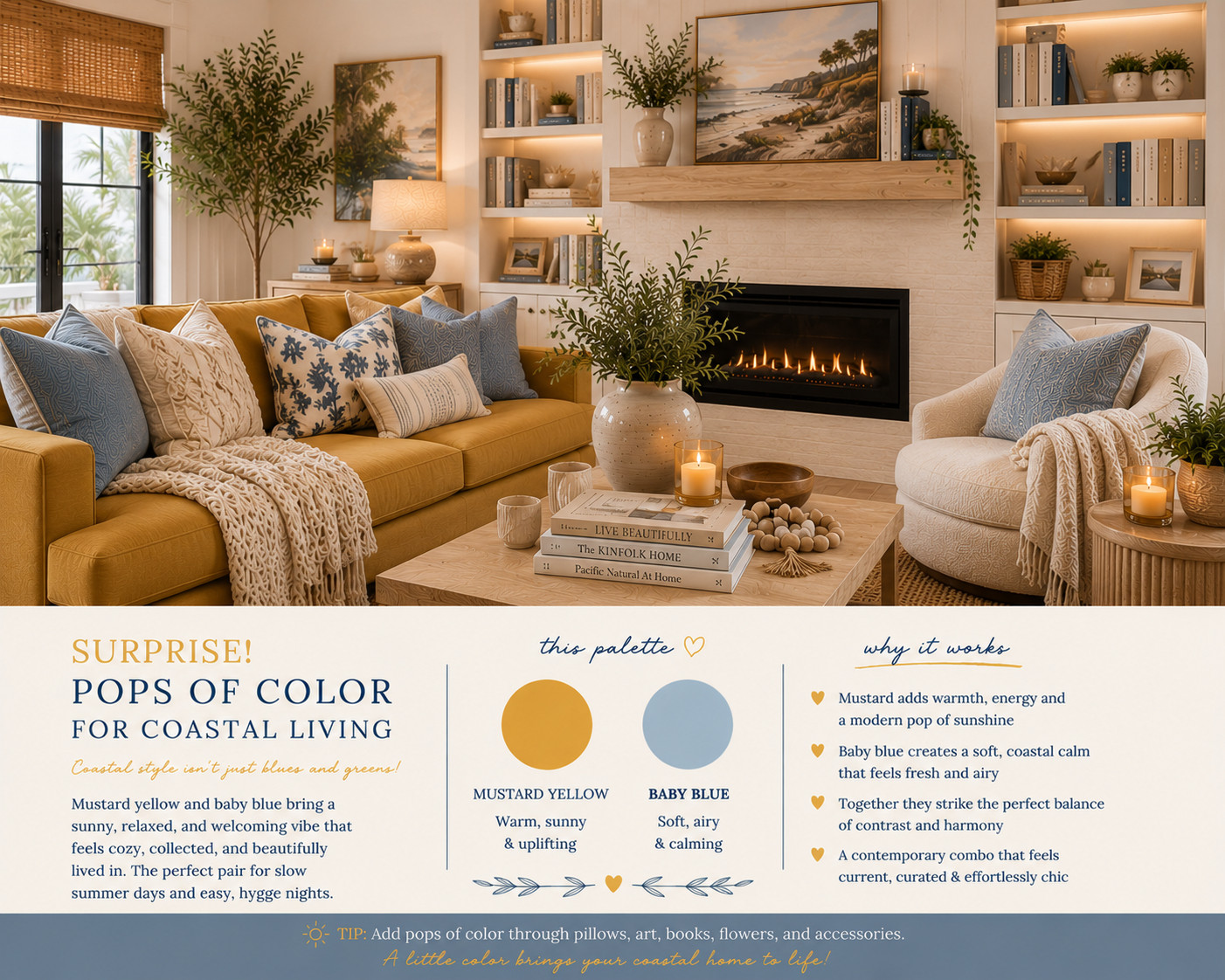 Unexpected Coastal is officially my favorite summer trend. ☀️🌊

Who says coastal has to be all navy and seafoam? This living room layers warm mustard upholstery with soft baby blue accents, cozy knits, natural wood, woven textures, and amber lighting for a relaxed hygge-inspired space that feels collected instead of decorated.

Every piece is designed to create a home that's warm, welcoming, and lived in—all while keeping that effortless coastal charm.

✨ Shop my favorite coastal living room finds below. 

 #LTKselfcare #LTKSeasonal #LTKHome
