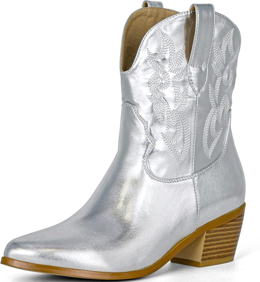 STALOV Short Cowgirl Boots for Women Embroidered Cowboy Ankle Boots,Pointed Toe Low Chunky Heel P... | Amazon (US)