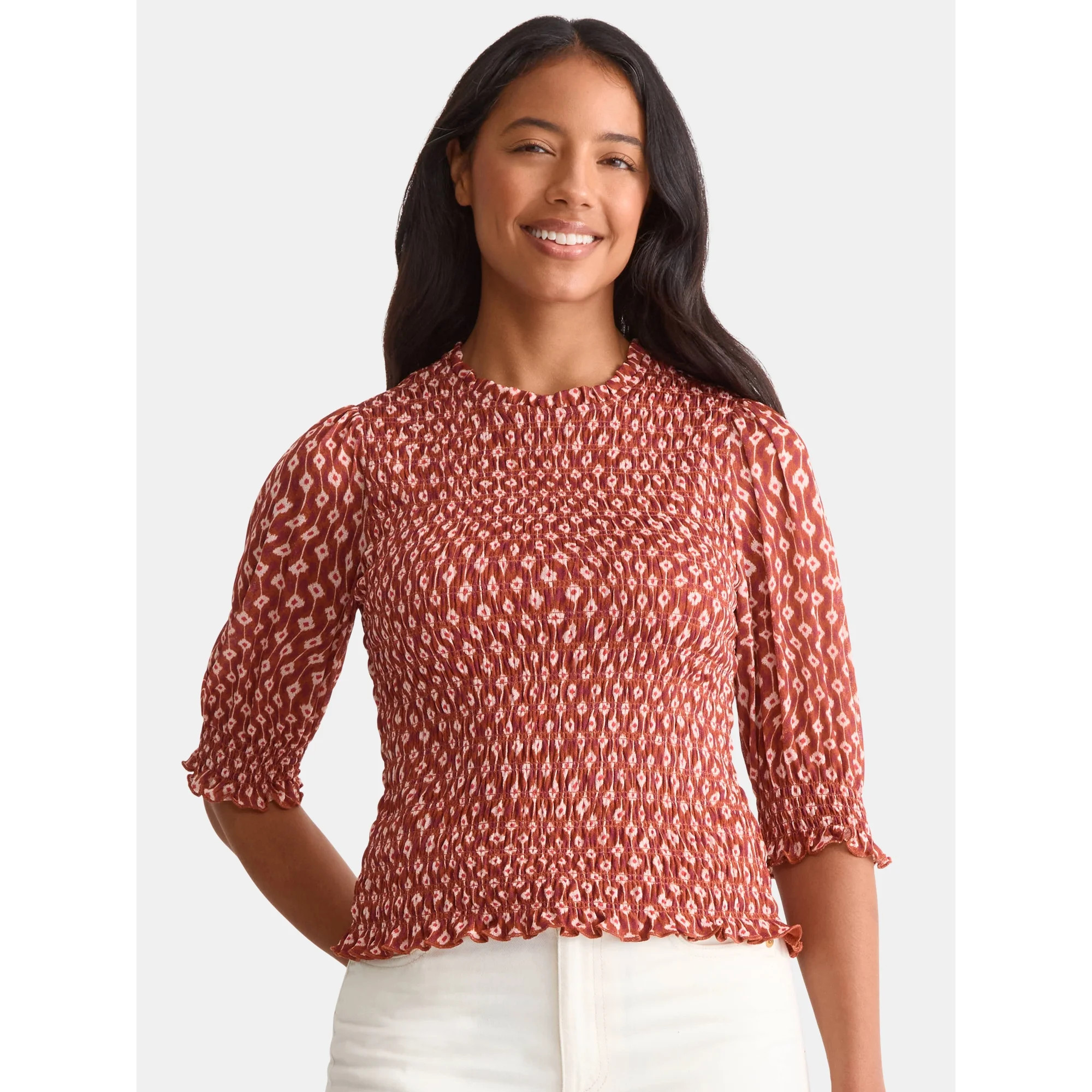 Time and Tru Women's Smocked Mesh Top, Sizes XS-XXXL - Walmart.com | Walmart (US)
