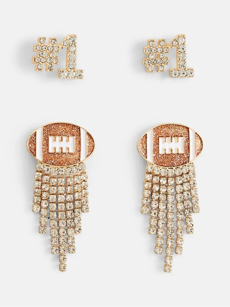 No Boundaries Women's Gold Tone Game Day Football Studs and Fringe Earrings Set, 2 Pairs | Walmart (US)