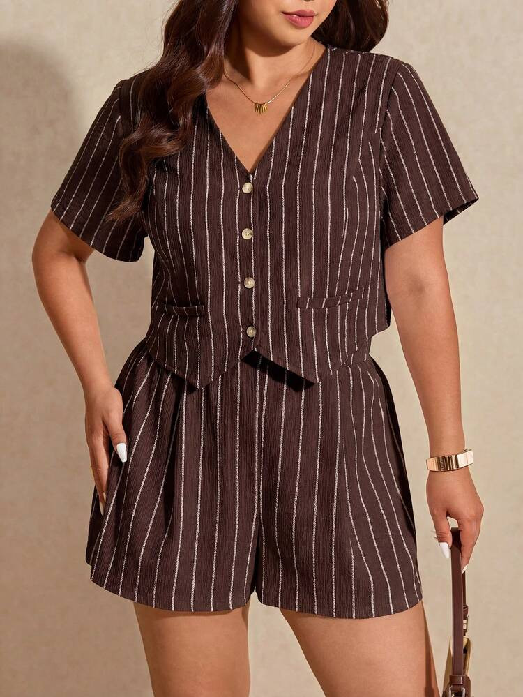 Elaquor Plus Size Summer Casual Commute Striped Shirt And Shorts 2 Pieces Set | SHEIN