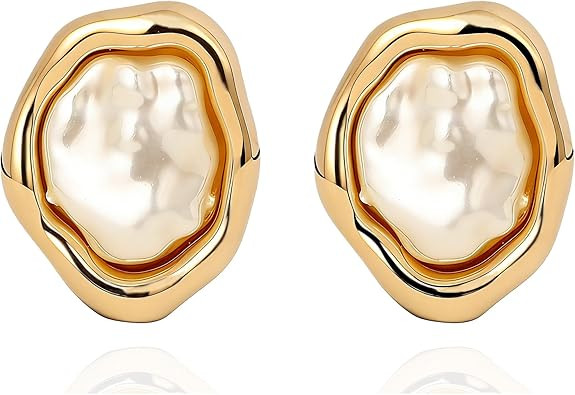 Pearl Earrings 14K Gold Plated Stud for Women Wedding Earrings Bridal Jewelry Hypoallergenic | Amazon (US)